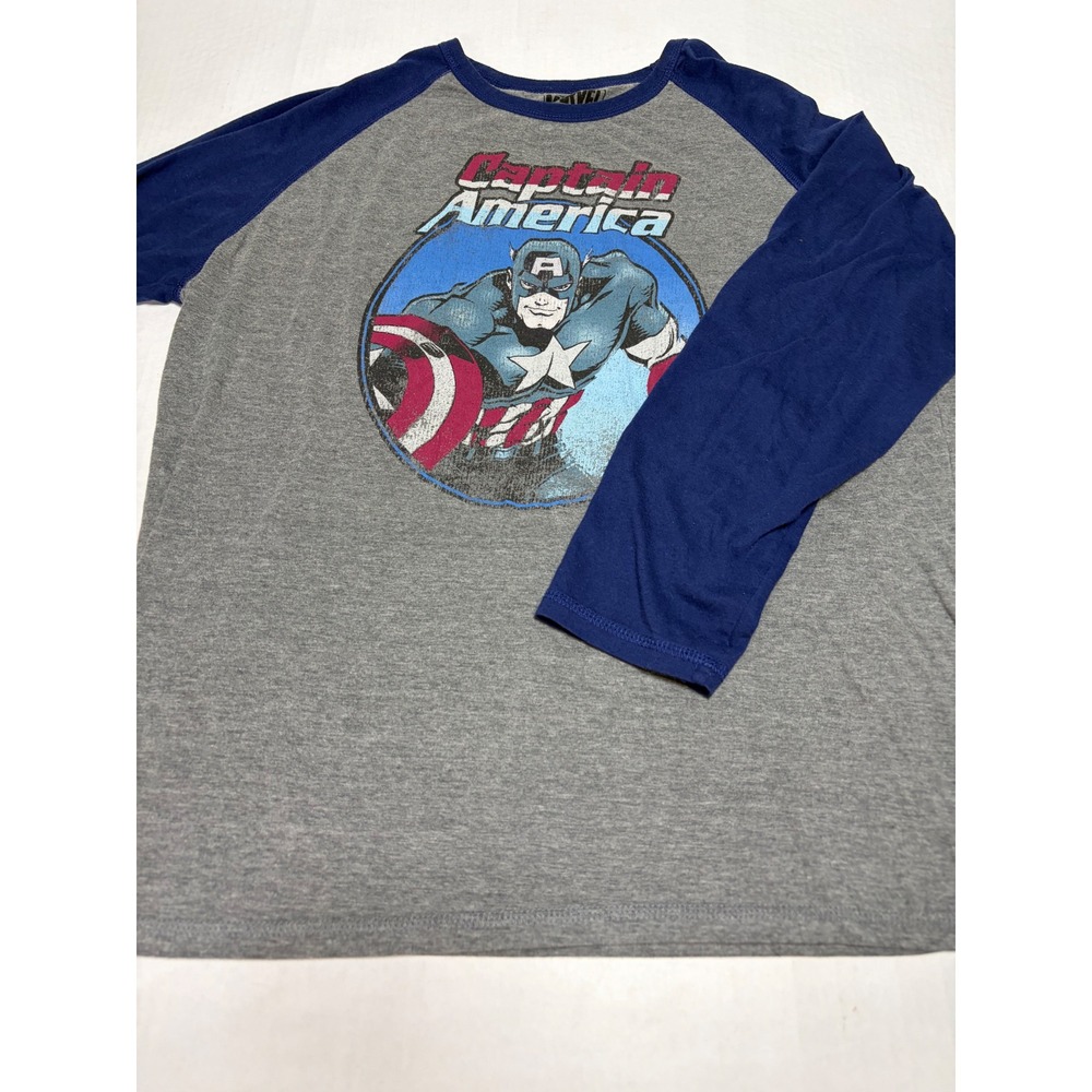 Marvel Captain America Mens XL Raglan Baseball Tee Gray Blue Graphic Shirt
